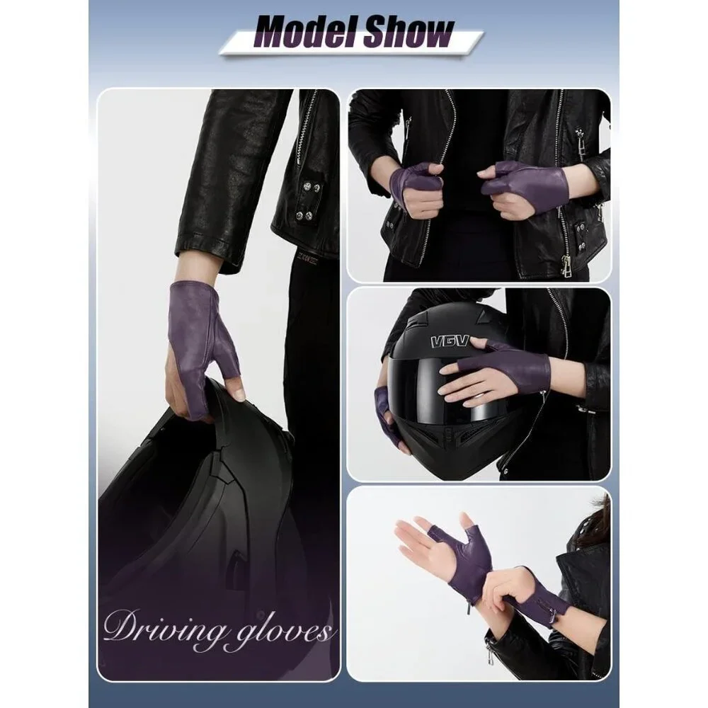 Women's Purple Fingerless Leather Driving Half Finger Gloves Halloween Design